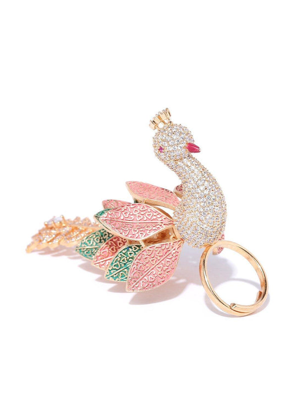 Women's Gold-Plated American Diamond Studded Peacock Inspired Meenakari Adjustable Ring in Peach and Green Color - Priyaasi - Indiakreations