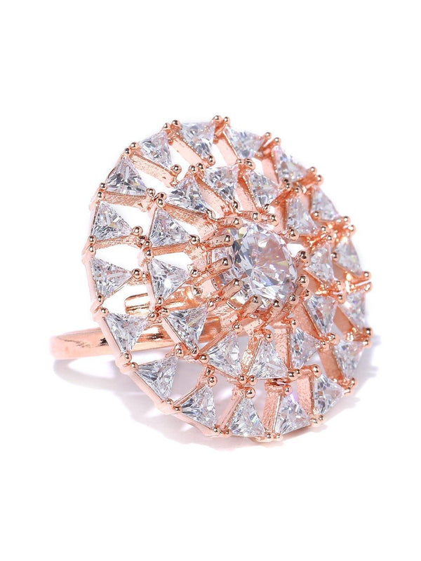 Women's Rose Gold-Plated American Diamond Studded Adjustable Ring in Geometric Pattern - Priyaasi - Indiakreations