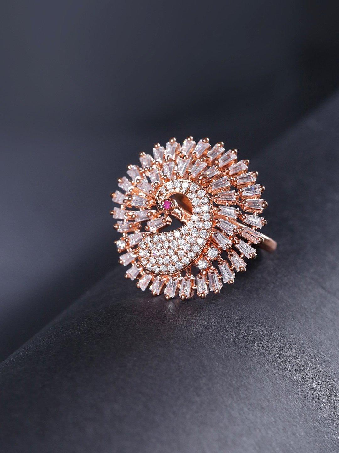 Women's Rose Gold-Plated Peacock Inspired Adjustable Ring Studded with American Diamond - Priyaasi - Indiakreations