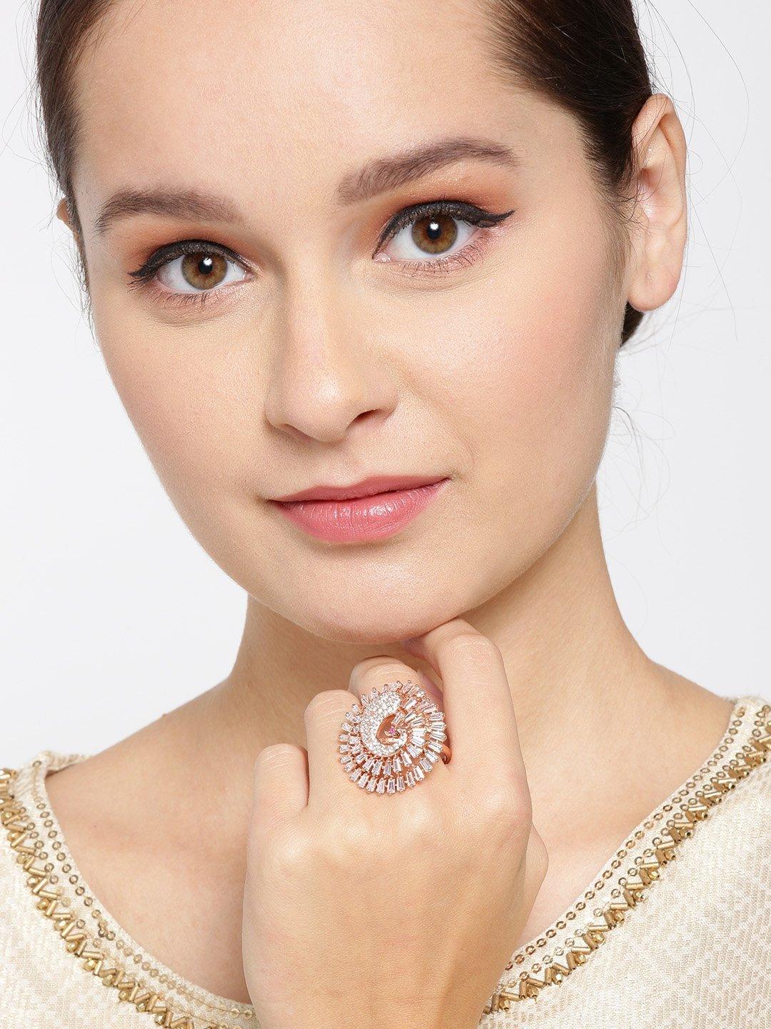 Women's Rose Gold-Plated Peacock Inspired Adjustable Ring Studded with American Diamond - Priyaasi - Indiakreations