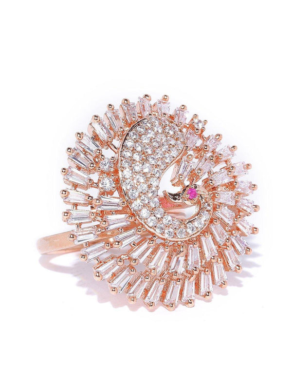 Women's Rose Gold-Plated Peacock Inspired Adjustable Ring Studded with American Diamond - Priyaasi - Indiakreations