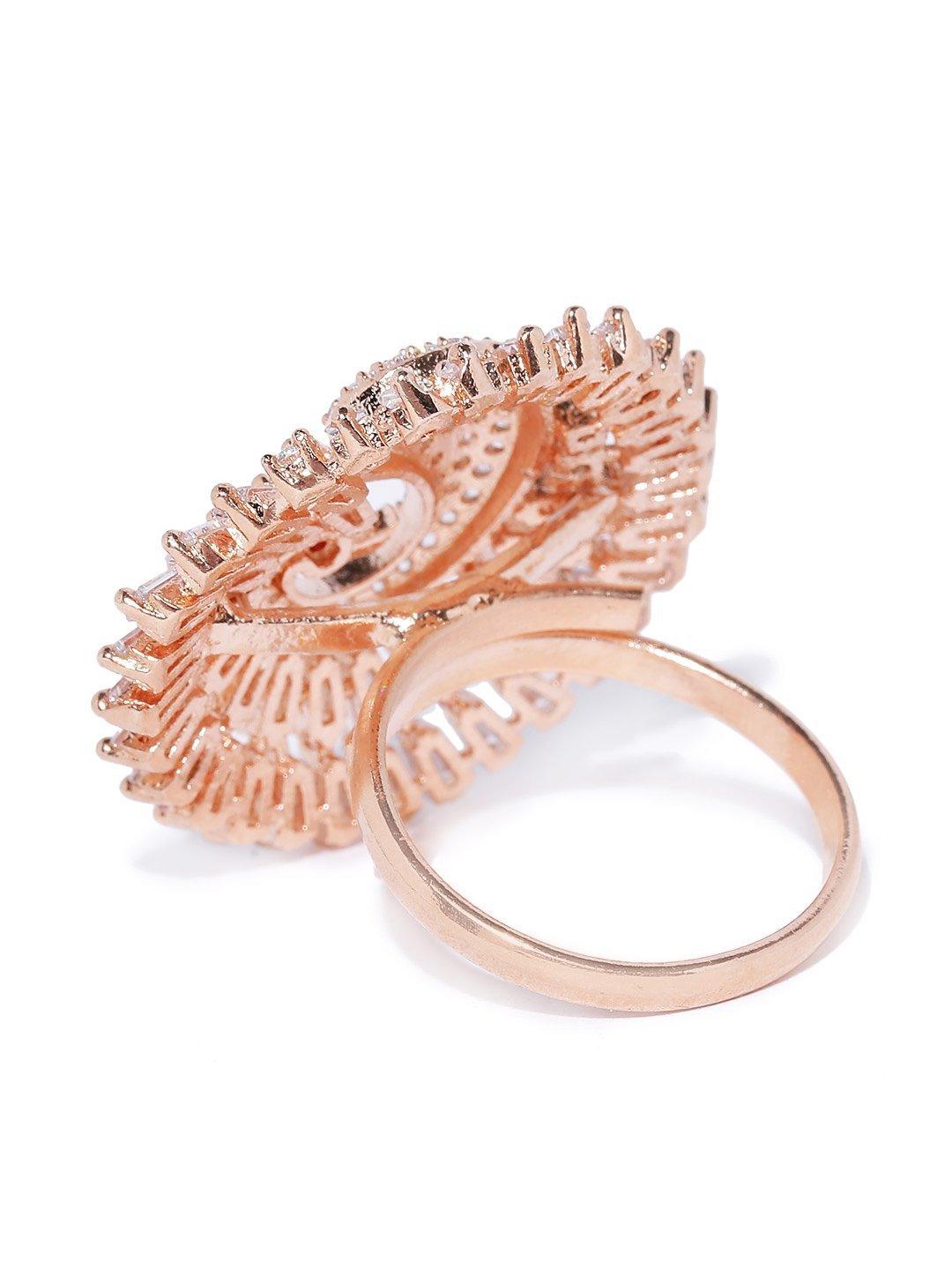 Women's Rose Gold-Plated Peacock Inspired Adjustable Ring Studded with American Diamond - Priyaasi - Indiakreations