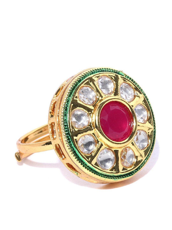 Women's Gold-Plated Kundan & Ruby Studded Adjustable Ring in Geometric Pattern - Priyaasi - Indiakreations