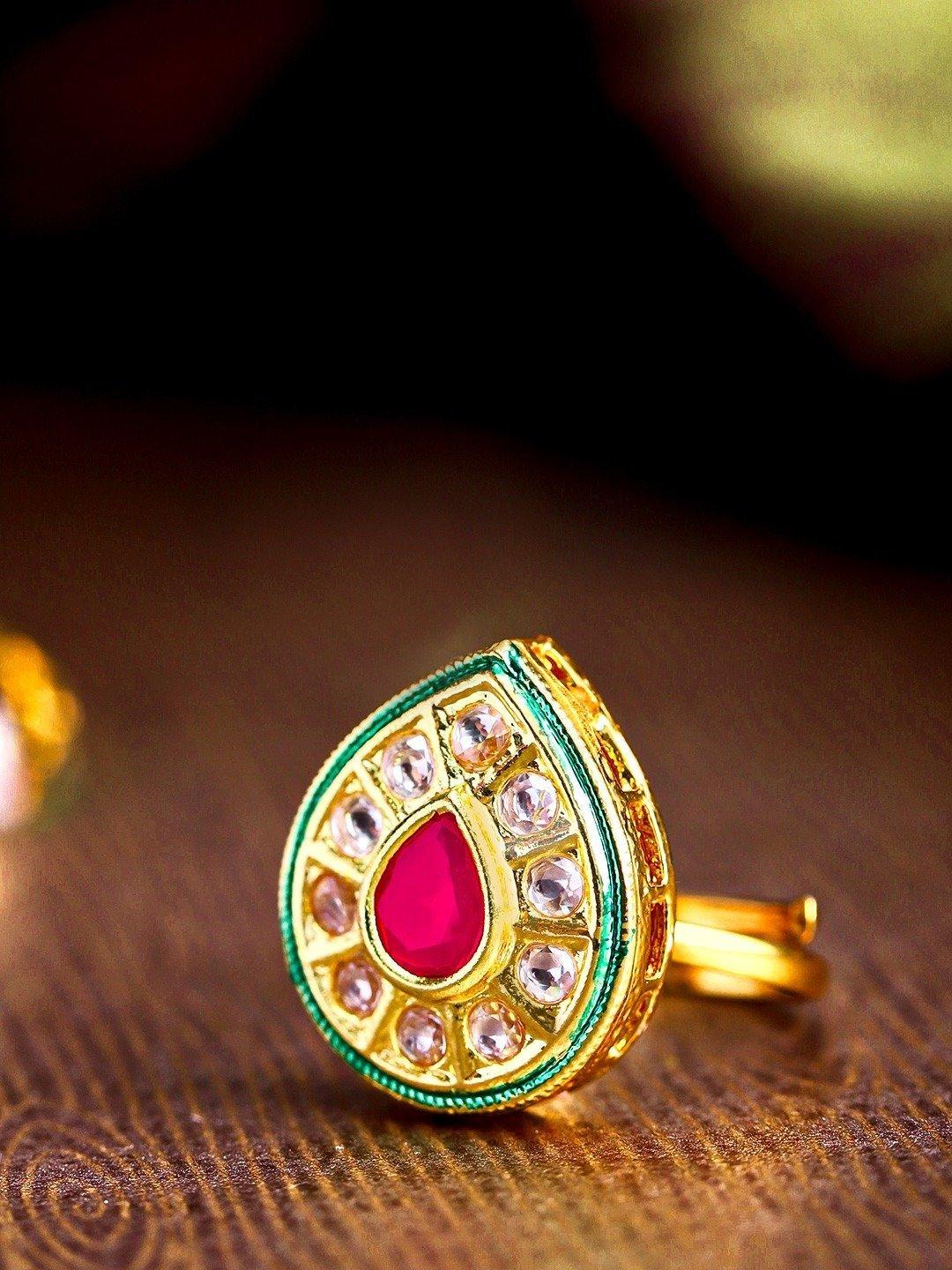 Women's Gold-Plated Kundan & Ruby Studded Adjustable Ring - Priyaasi - Indiakreations