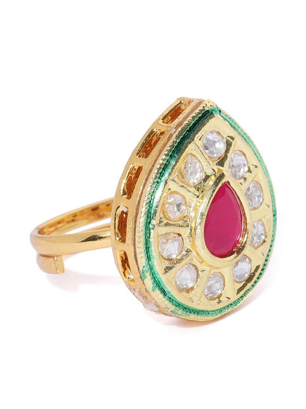 Women's Gold-Plated Kundan & Ruby Studded Adjustable Ring - Priyaasi - Indiakreations