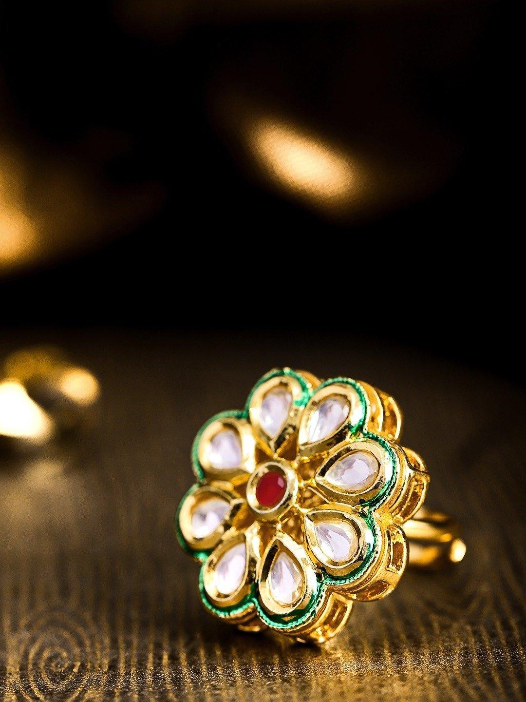 Women's Gold-Plated Kundan & Ruby Studded Adjustable Ring in Floral Pattern - Priyaasi - Indiakreations