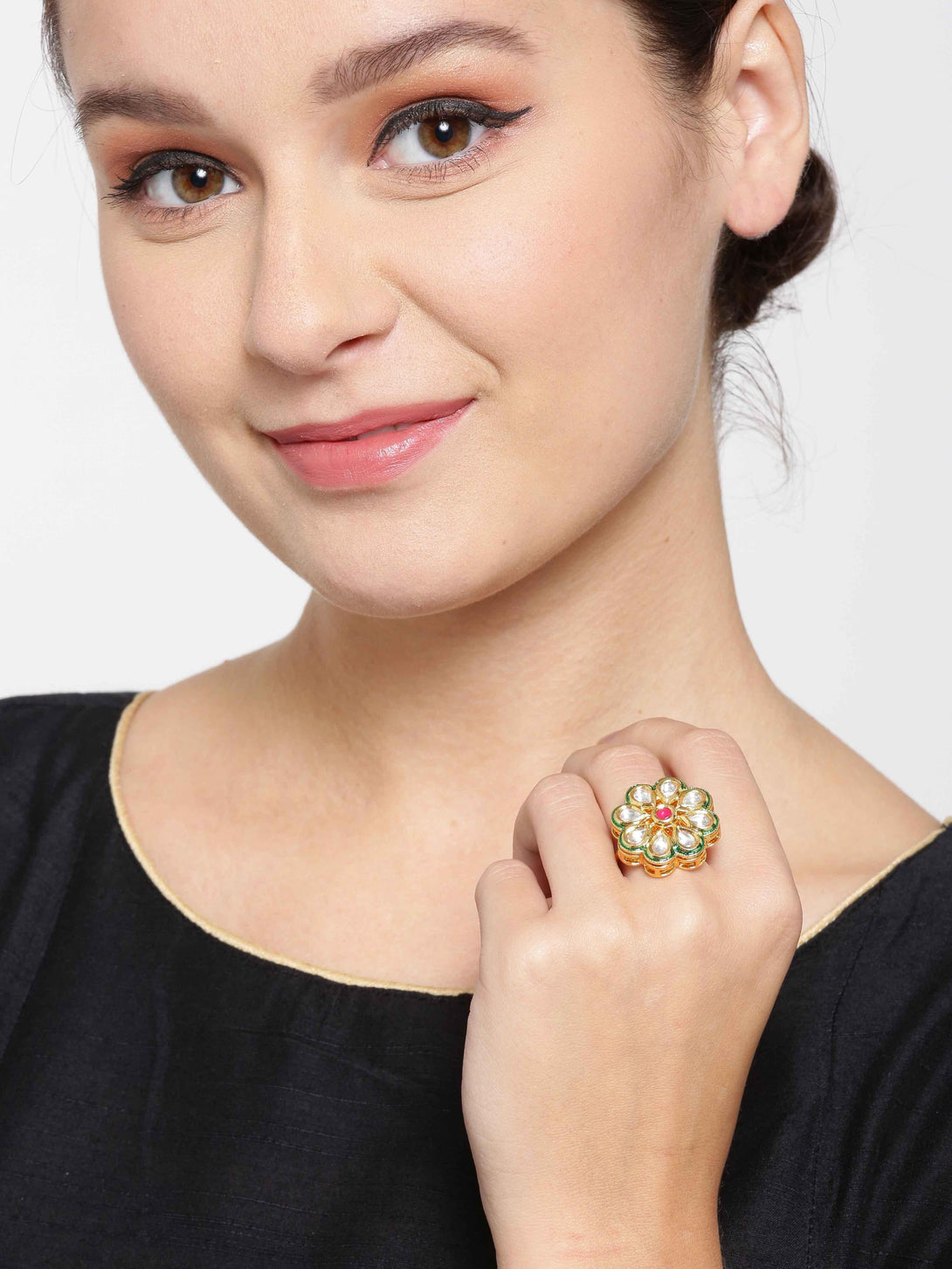 Women's Gold-Plated Kundan & Ruby Studded Adjustable Ring in Floral Pattern - Priyaasi - Indiakreations