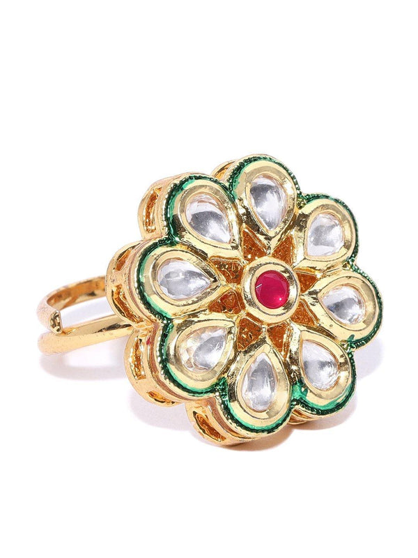 Women's Gold-Plated Kundan & Ruby Studded Adjustable Ring in Floral Pattern - Priyaasi - Indiakreations