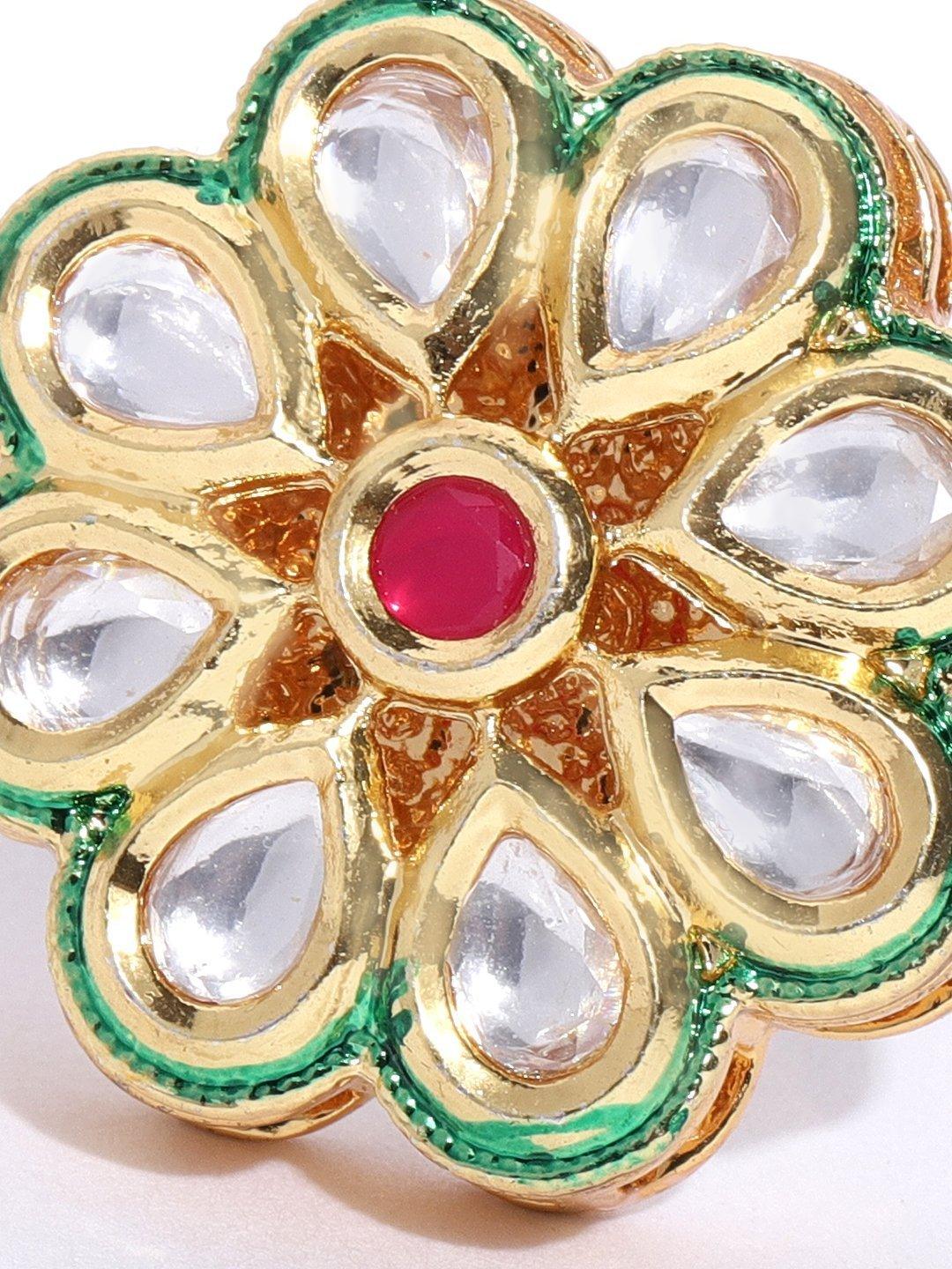 Women's Gold-Plated Kundan & Ruby Studded Adjustable Ring in Floral Pattern - Priyaasi - Indiakreations