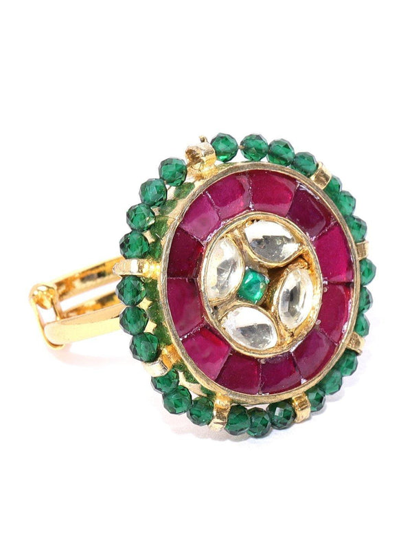 Women's Golden Pachi Kundan & Ruby Studded Adjustable Ring with Green Beads - Priyaasi - Indiakreations