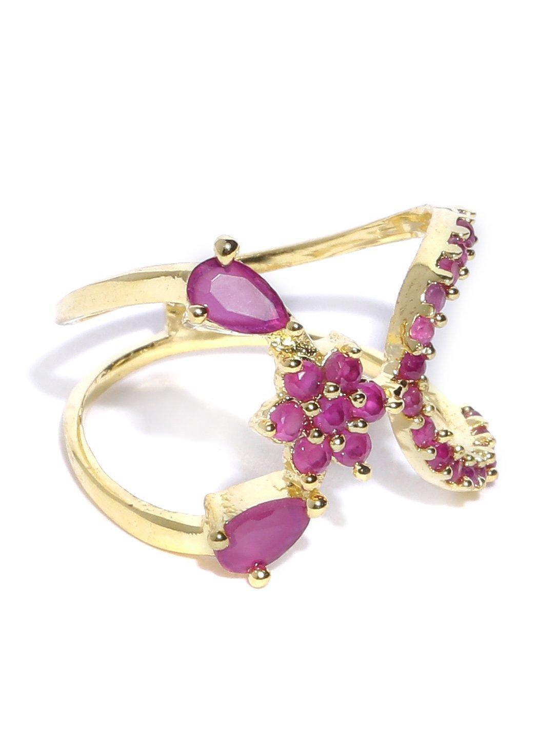 Women's Gold-Plated Ruby Studded Floral Patterned Ring - Priyaasi - Indiakreations