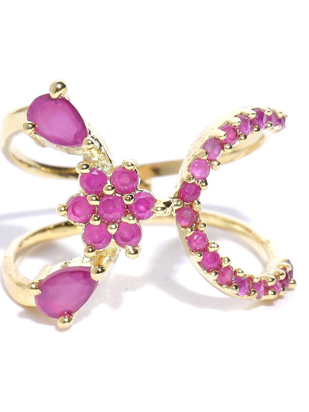 Women's Gold-Plated Ruby Studded Floral Patterned Ring - Priyaasi - Indiakreations