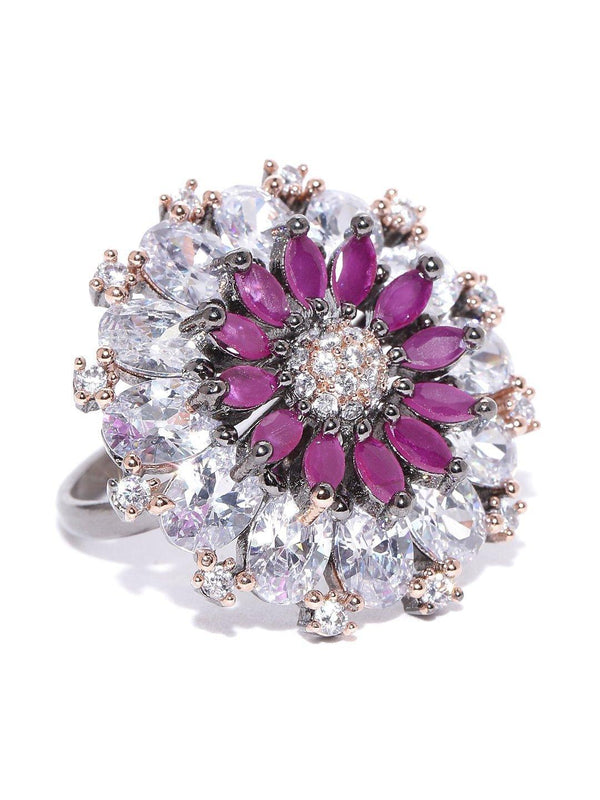 Women's Purple Gunmetal-Plated American Diamond Studded Adjustable Ring in Floral Pattern - Priyaasi - Indiakreations