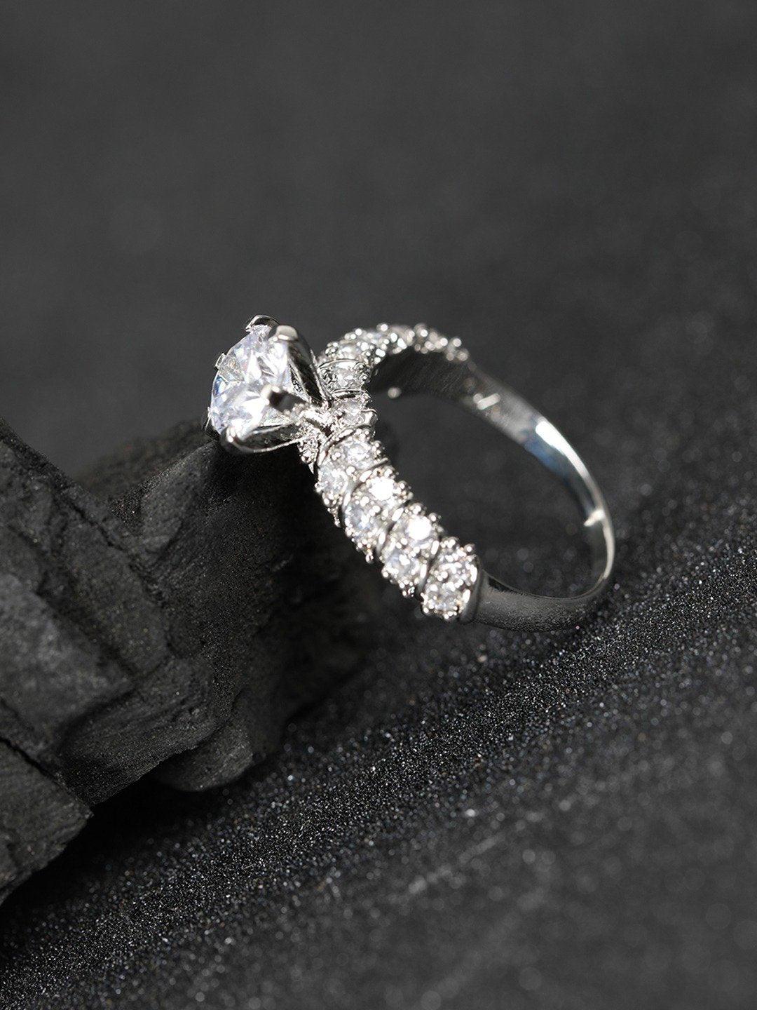 Women's Rhodium Plated AD and CZ Studded Off Silver Finger Ring - Priyaasi - Indiakreations