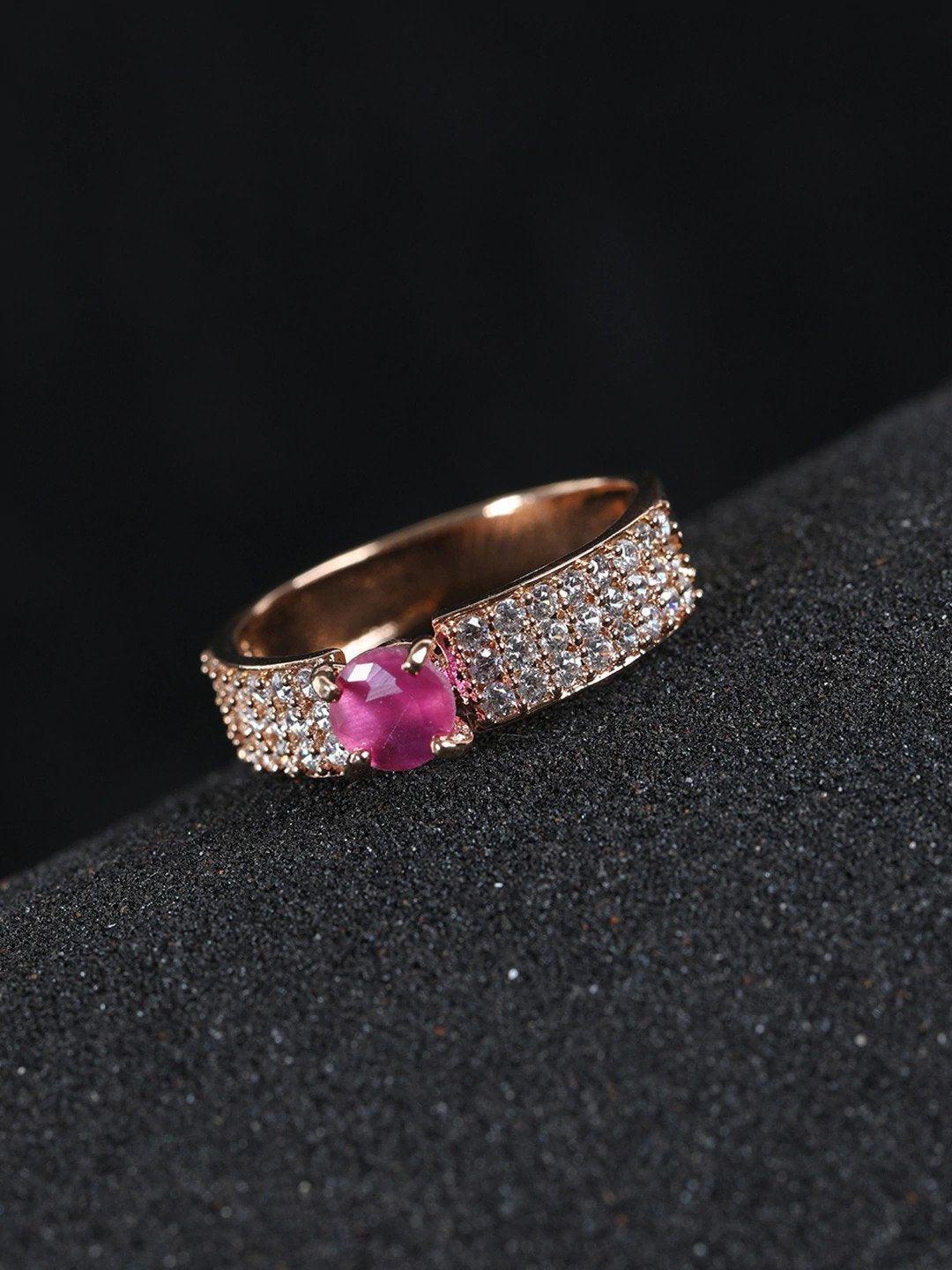 Women's Rose Gold Plated Ruby & AD Studded Finger Ring - Priyaasi - Indiakreations