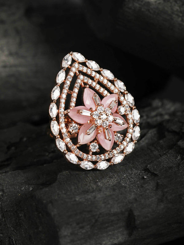 Women's Pink American Diamond Rose Gold-Plated Floral Ring - Priyaasi