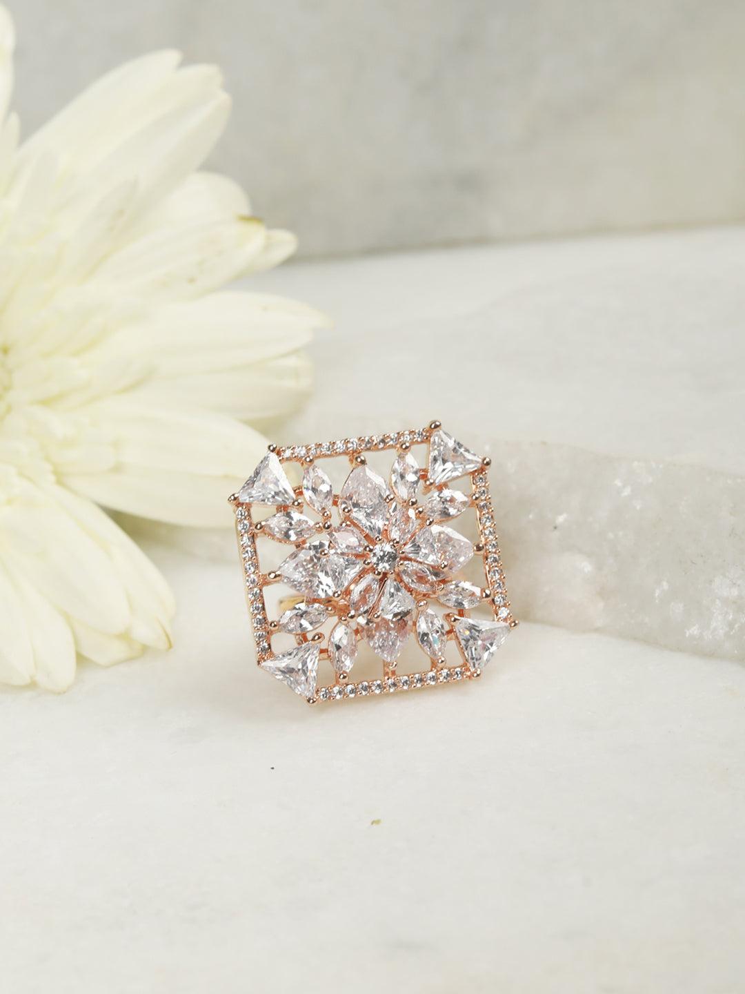 Women's American Diamond Rose Gold-Plated Square Ring - Priyaasi - Indiakreations