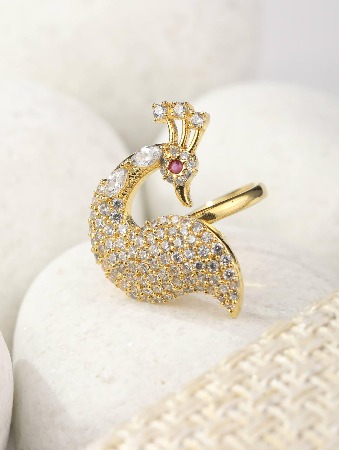 Women's GazeWorthy - American Diamond Gold Plated Peacock Shaped Ring - Priyaasi - Indiakreations