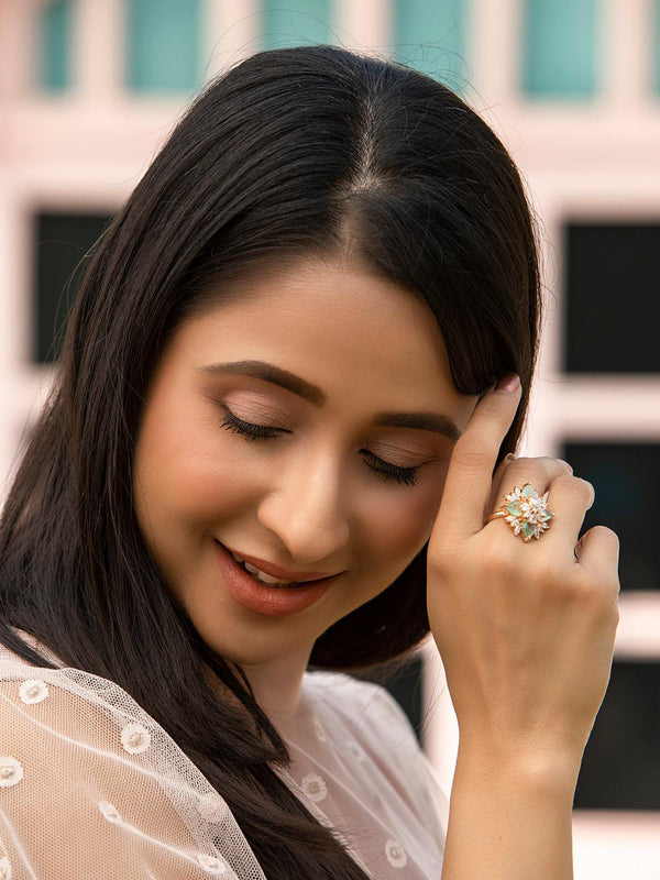 Women's Contemporary Mint Green American Diamond Rose Gold Ring- Priyaasi - Indiakreations