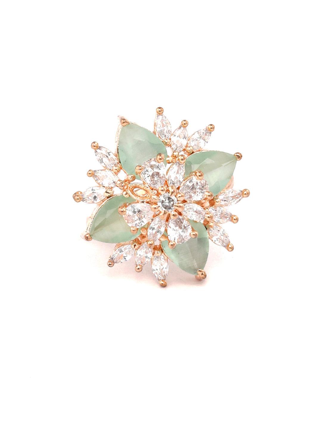 Women's Contemporary Mint Green American Diamond Rose Gold Ring- Priyaasi - Indiakreations