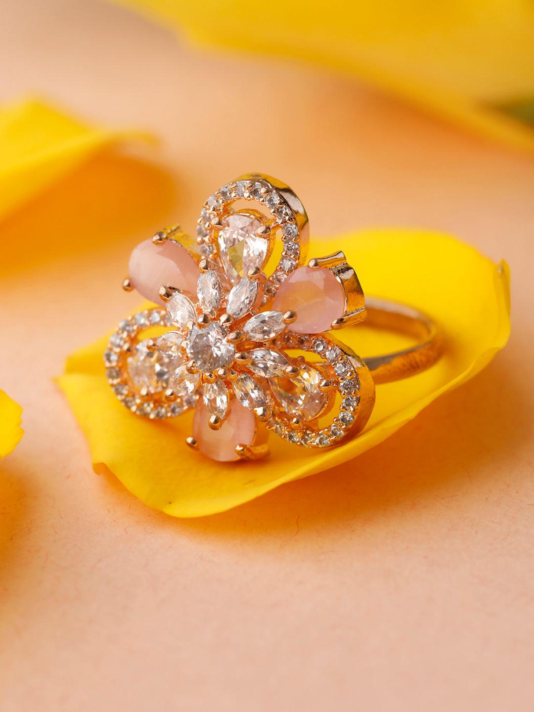 Women's Contemporary Pink American Diamond Rose Gold Floral Ring- Priyaasi - Indiakreations