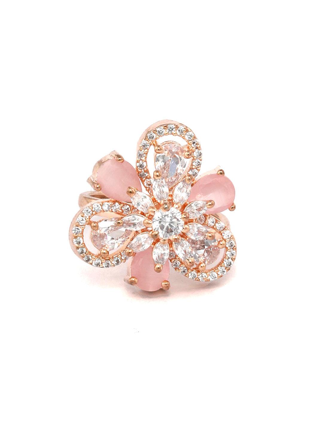 Women's Contemporary Pink American Diamond Rose Gold Floral Ring- Priyaasi - Indiakreations