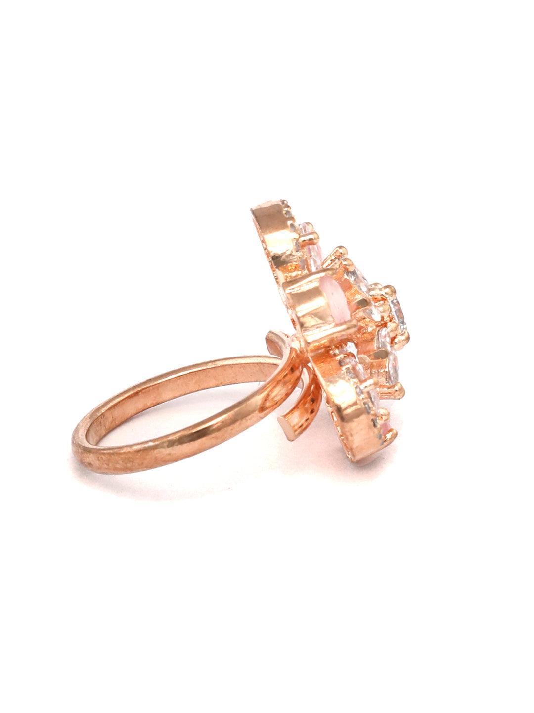 Women's Contemporary Pink American Diamond Rose Gold Floral Ring- Priyaasi - Indiakreations