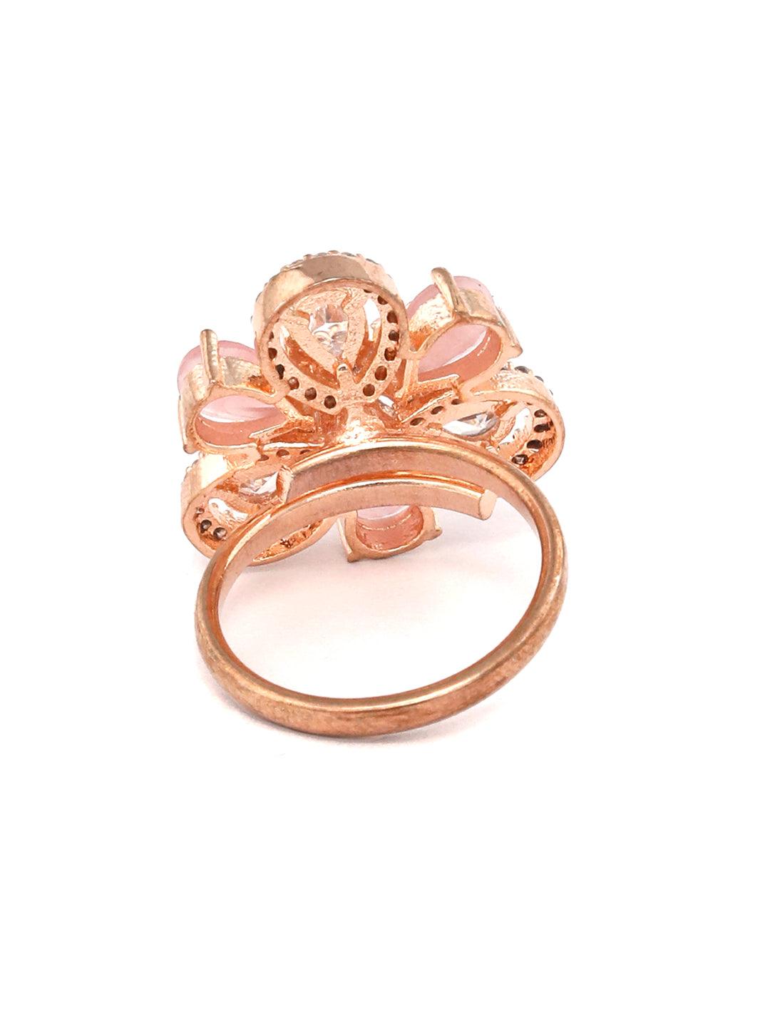 Women's Contemporary Pink American Diamond Rose Gold Floral Ring- Priyaasi - Indiakreations