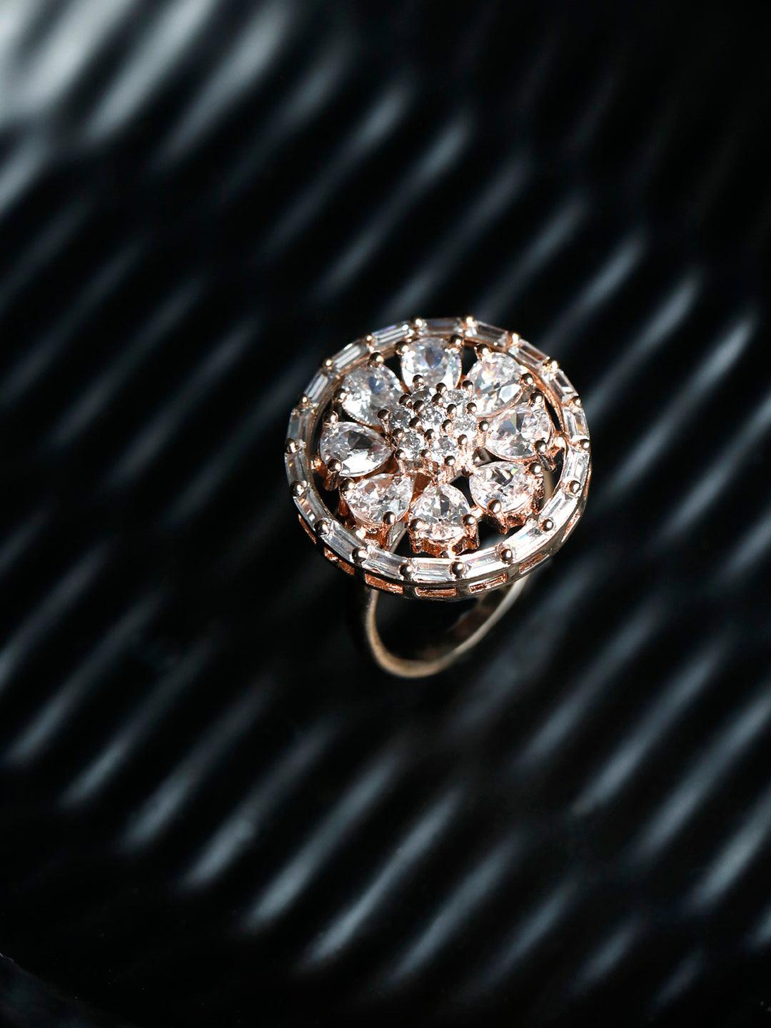 Women's Blooming Flower American Diamond Rose Gold Ring - Priyaasi - Indiakreations