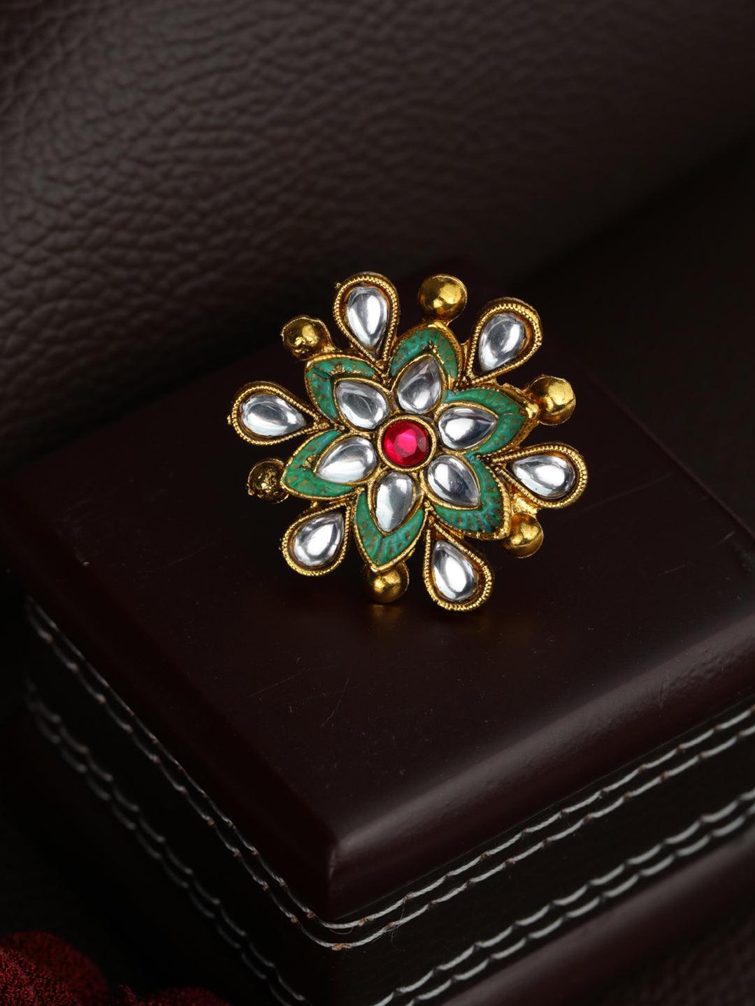 Women's Gold Plated Kundan Meenakari Floral Ring - Priyaasi - Indiakreations