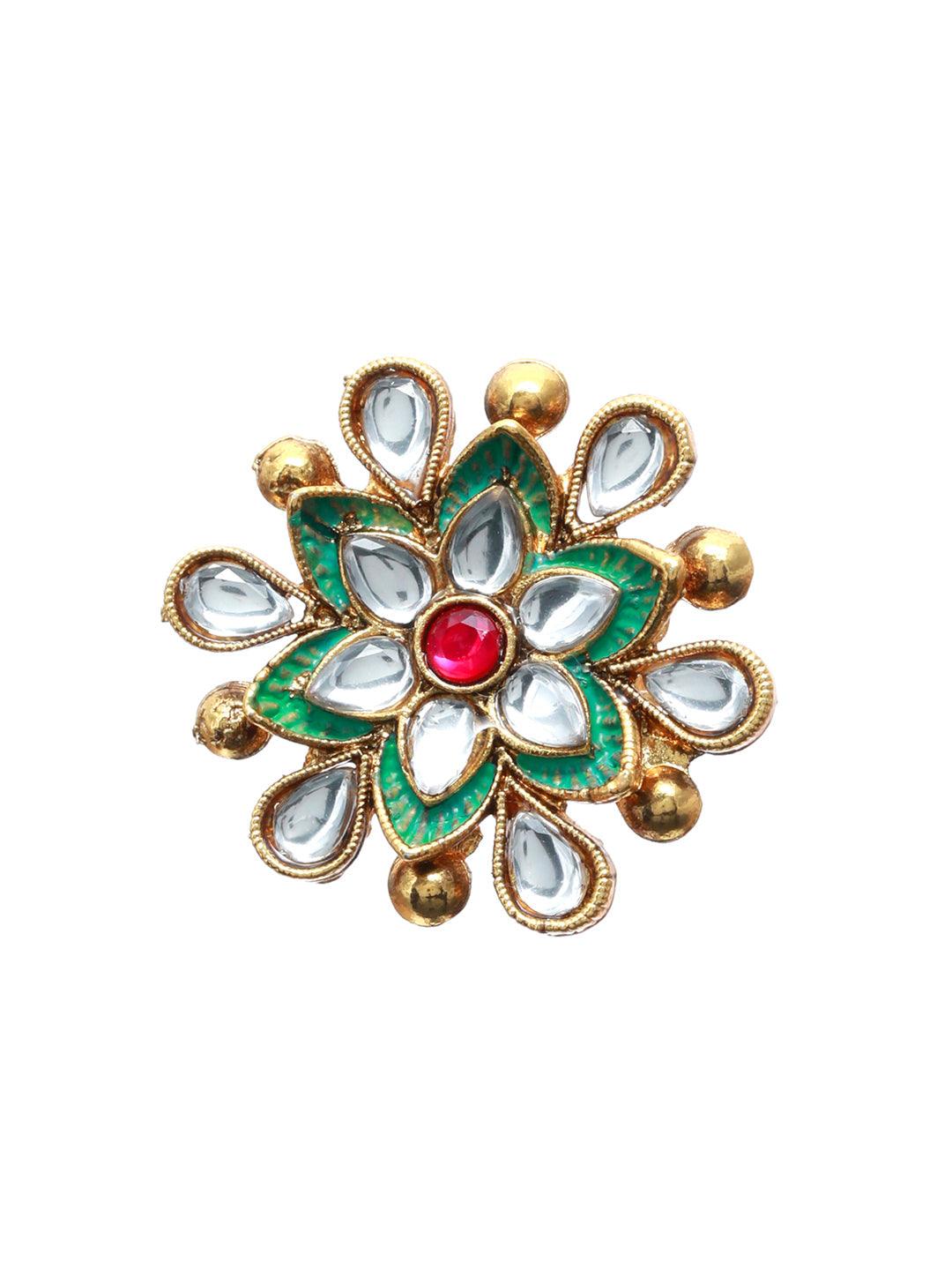 Women's Gold Plated Kundan Meenakari Floral Ring - Priyaasi - Indiakreations