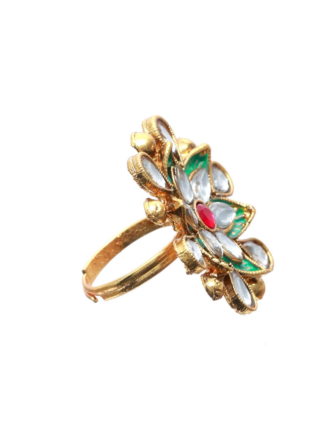 Women's Gold Plated Kundan Meenakari Floral Ring - Priyaasi - Indiakreations