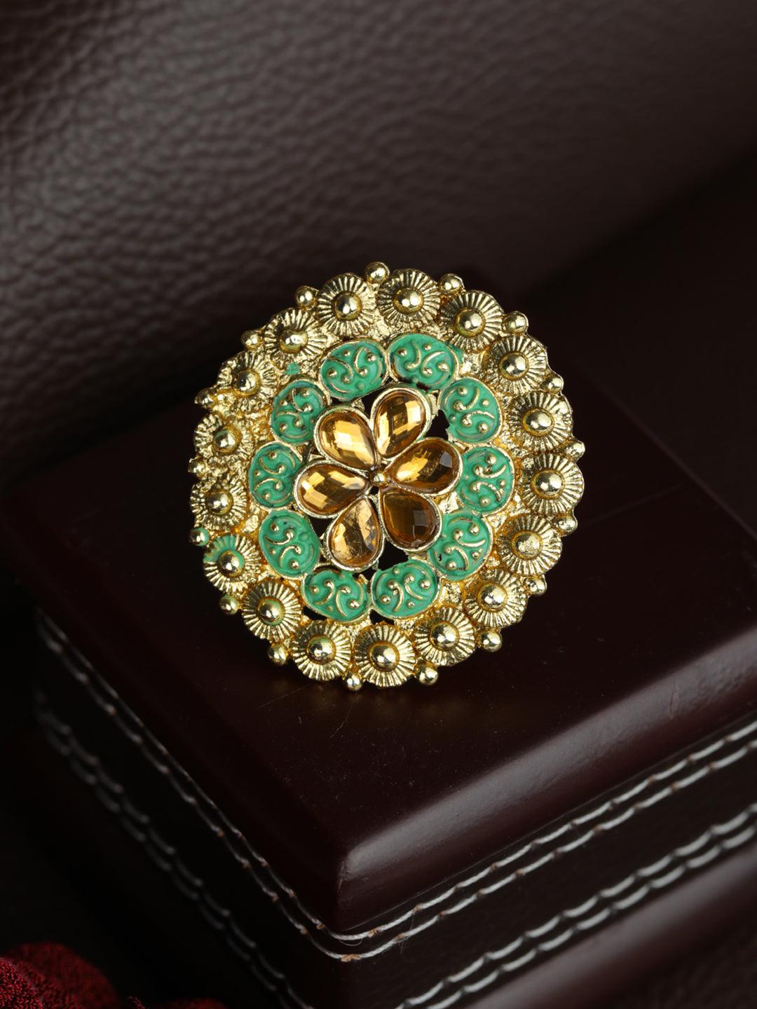 Women's Gold Plated Green Meenakari Floral Ring - Priyaasi - Indiakreations