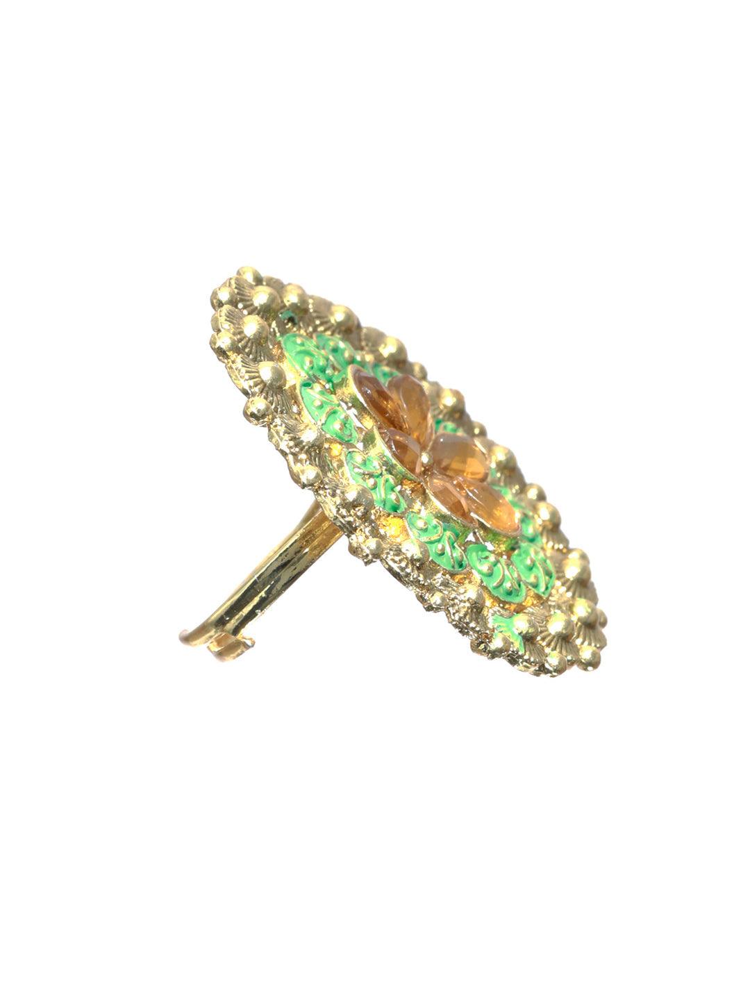 Women's Gold Plated Green Meenakari Floral Ring - Priyaasi - Indiakreations