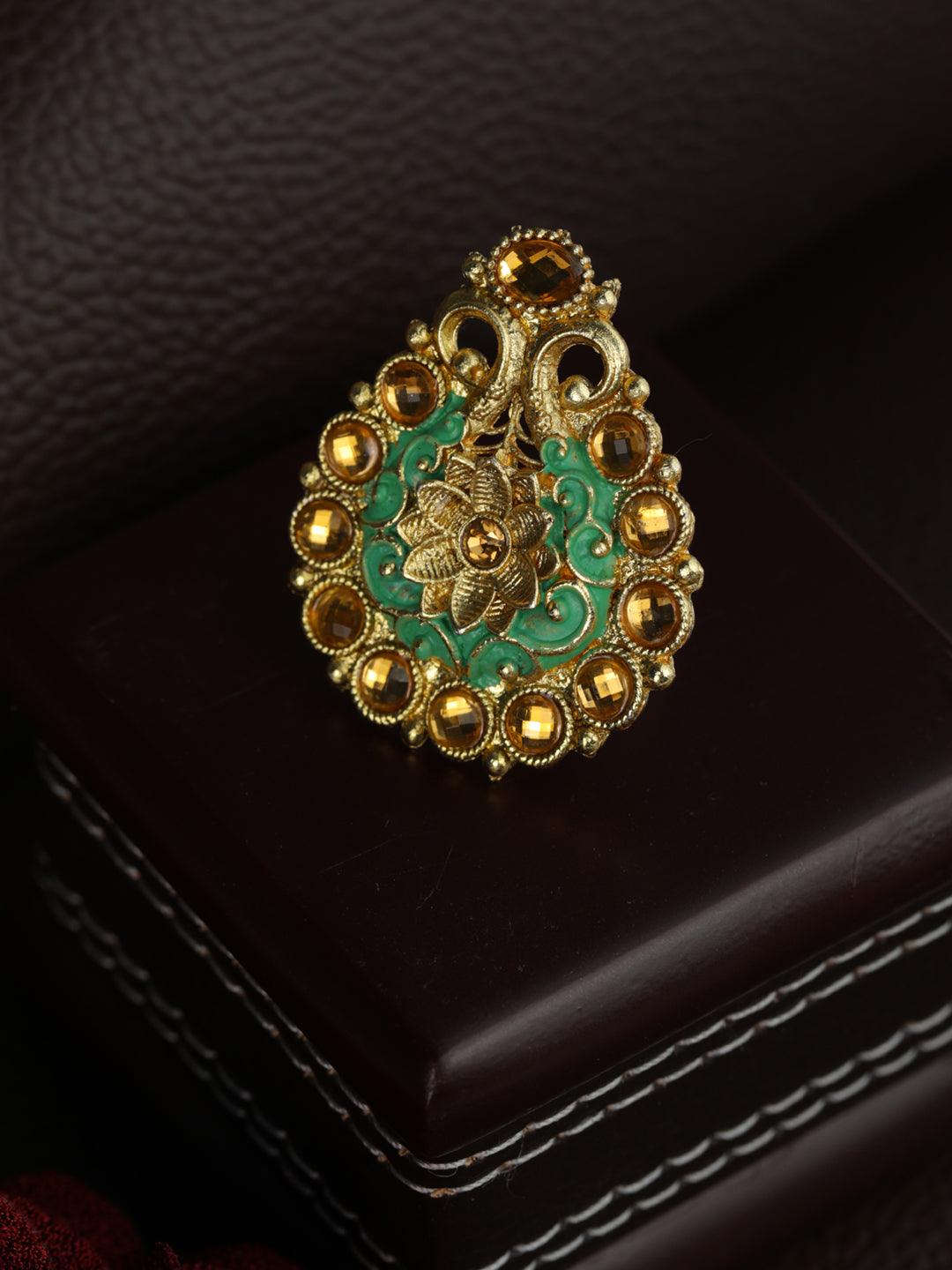 Women's Gold Plated Tear Drop Shaped Floral Meenakari Ring - Priyaasi - Indiakreations