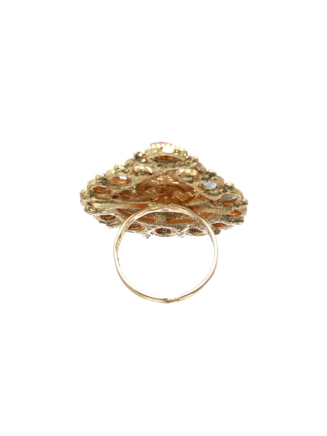 Women's Gold Plated Tear Drop Shaped Floral Meenakari Ring - Priyaasi - Indiakreations