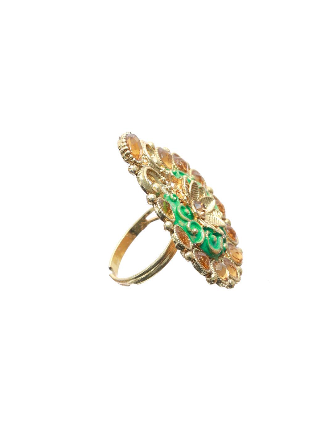 Women's Gold Plated Tear Drop Shaped Floral Meenakari Ring - Priyaasi - Indiakreations