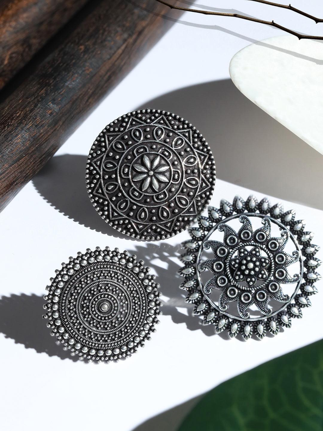 Women's Boho Oxidised Silver Plated Floral Rings Set - Priyaasi - Indiakreations