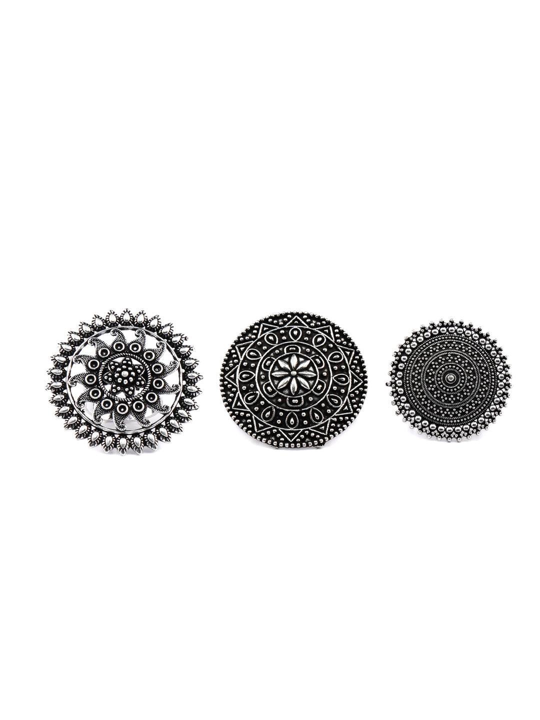 Women's Boho Oxidised Silver Plated Floral Rings Set - Priyaasi - Indiakreations