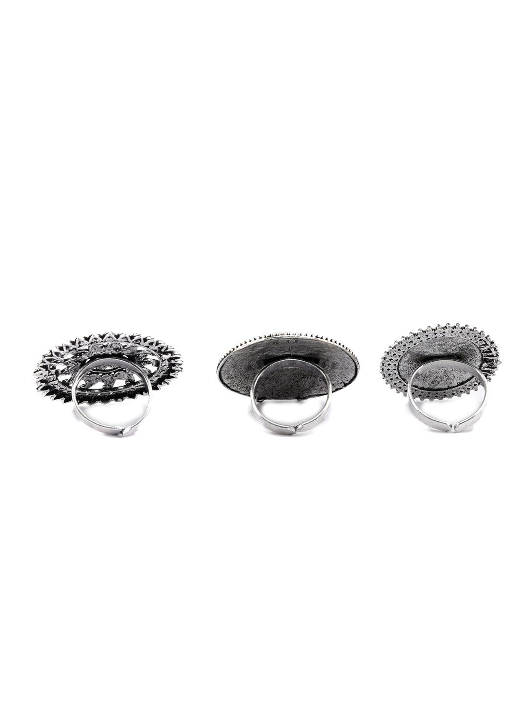 Women's Boho Oxidised Silver Plated Floral Rings Set - Priyaasi - Indiakreations