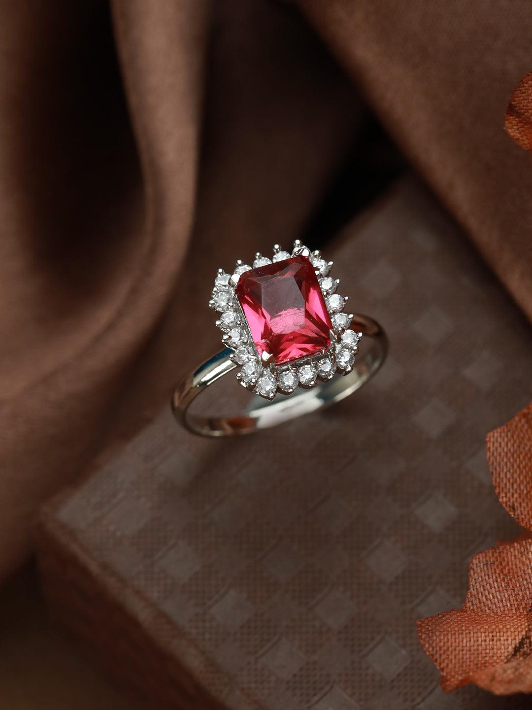 Women's Dark Pink Silver Plated Solitaire Ring - Priyaasi - Indiakreations