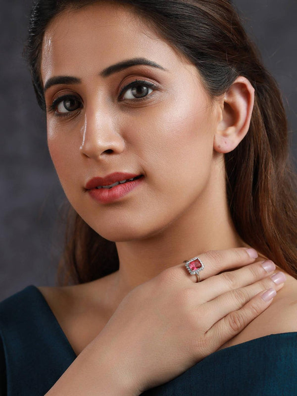 Women's Dark Pink Silver Plated Solitaire Ring - Priyaasi - Indiakreations