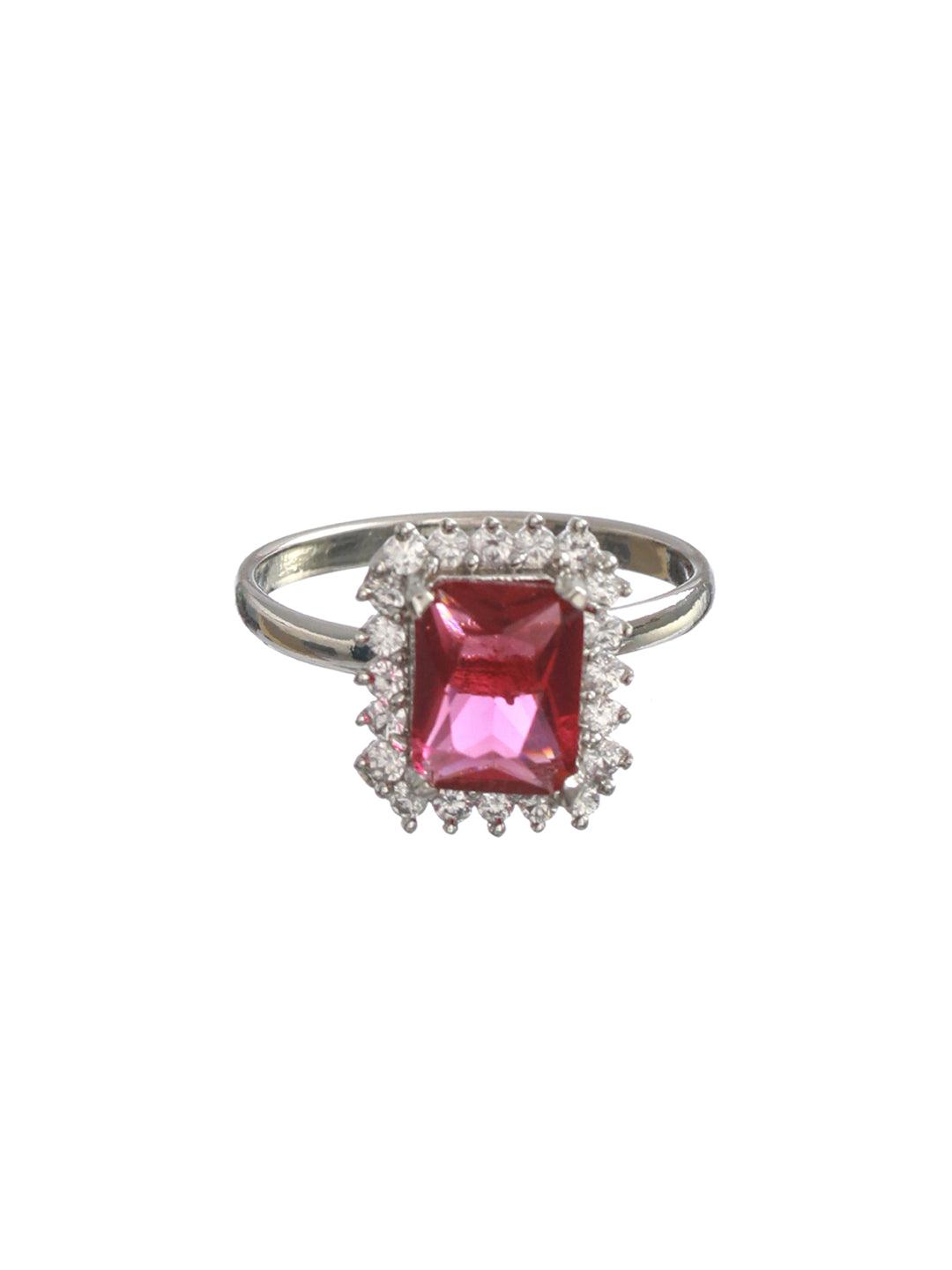 Women's Dark Pink Silver Plated Solitaire Ring - Priyaasi - Indiakreations