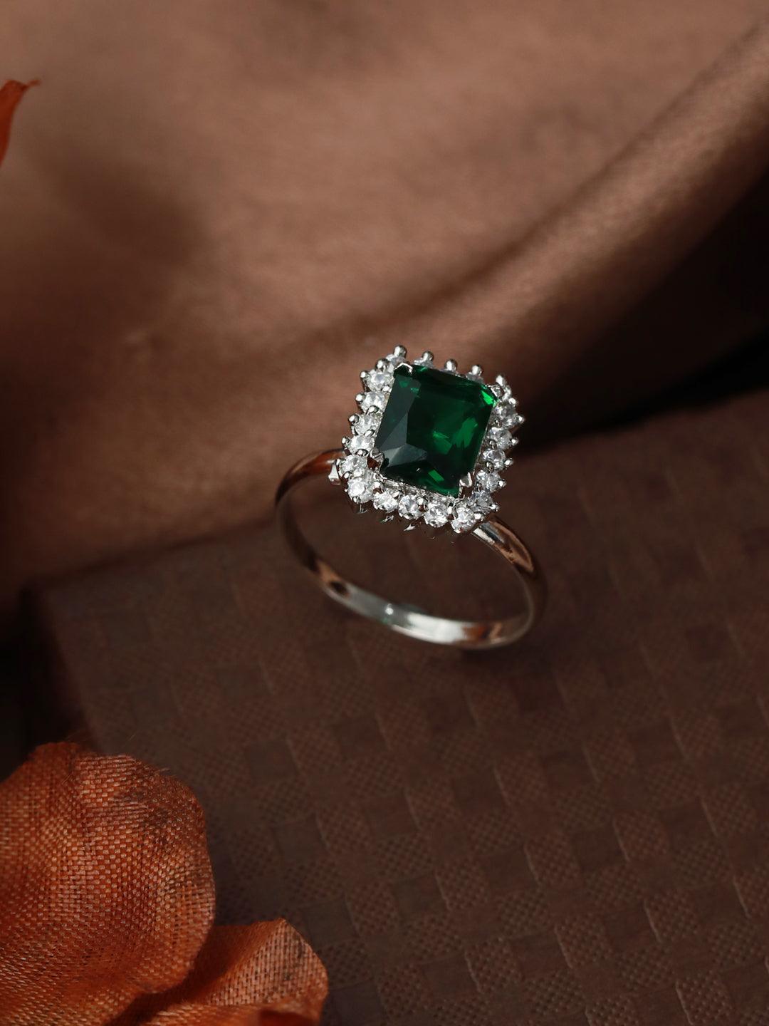 Women's Emerald Green Silver Plated Solitaire Ring - Priyaasi - Indiakreations