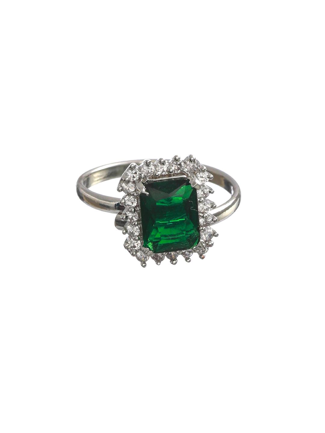 Women's Emerald Green Silver Plated Solitaire Ring - Priyaasi - Indiakreations