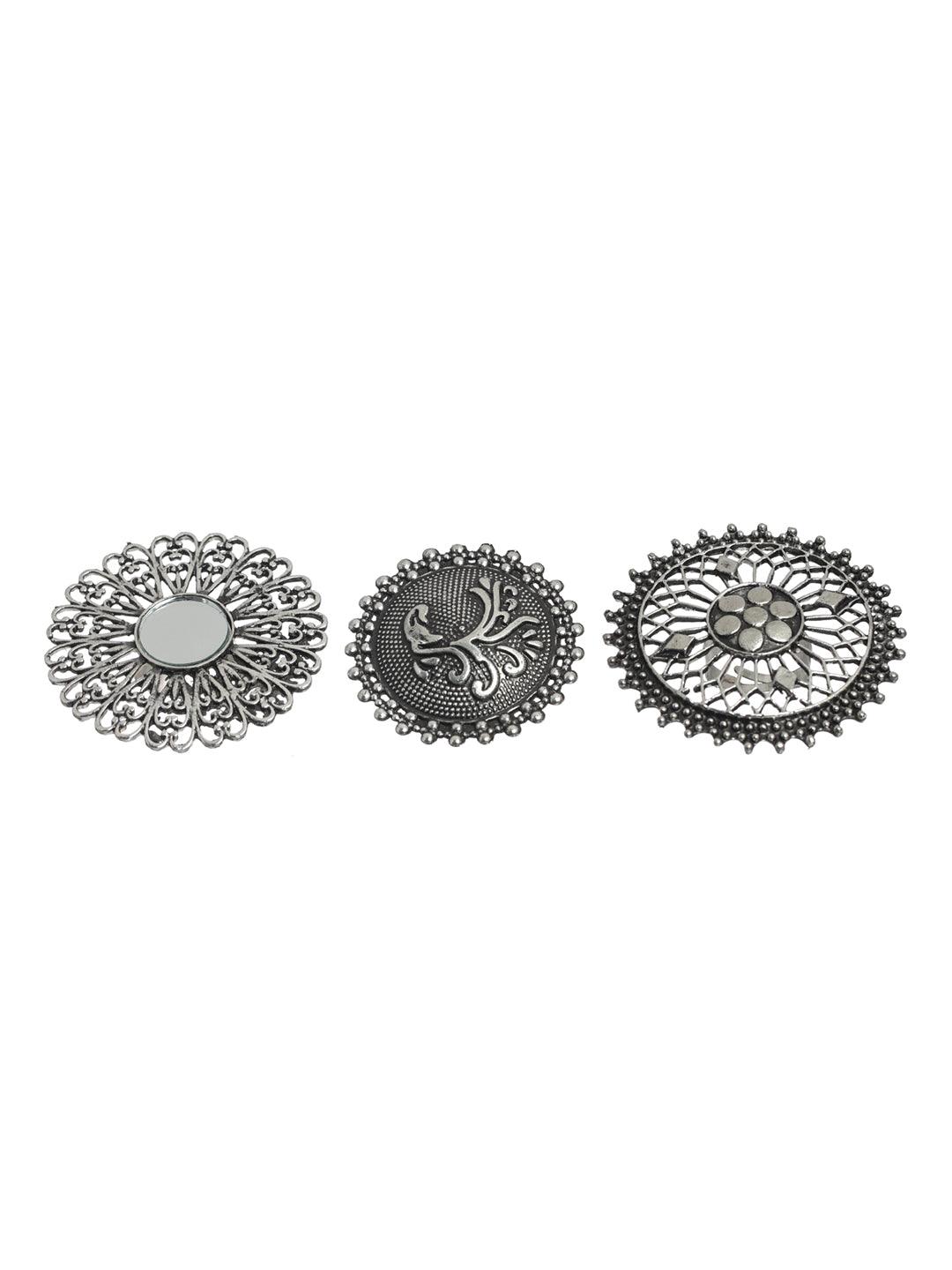 Women's Floral Mirror Motif Oxidised Silver Ring Set of 3 - Priyaasi - Indiakreations