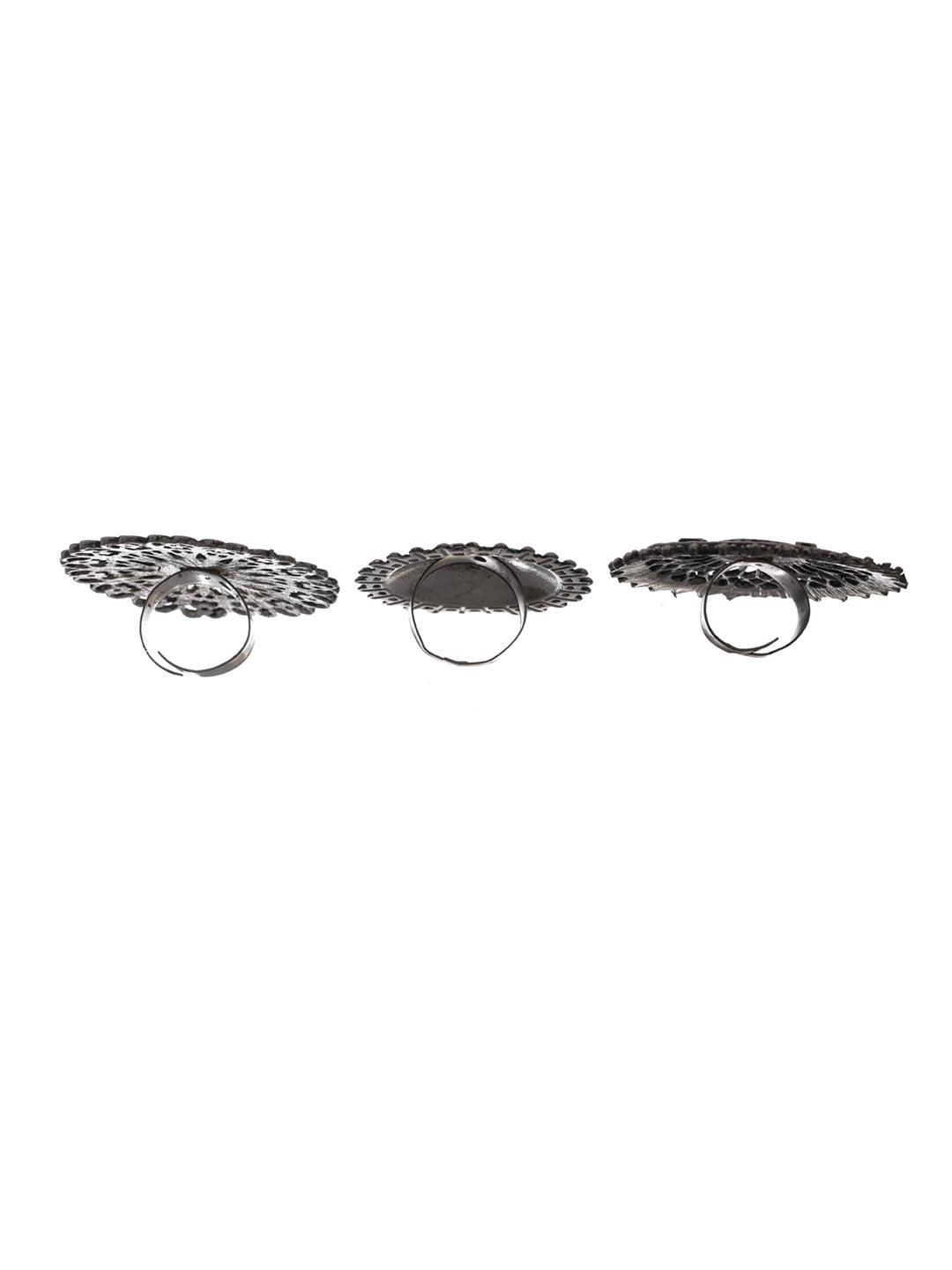 Women's Floral Mirror Motif Oxidised Silver Ring Set of 3 - Priyaasi - Indiakreations