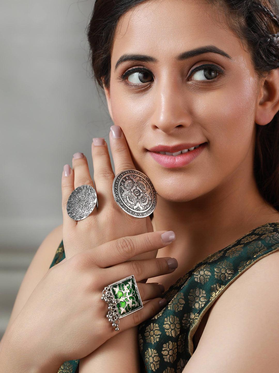 Women's Green Floral Oxidised Silver Ring Set of 3 - Priyaasi - Indiakreations