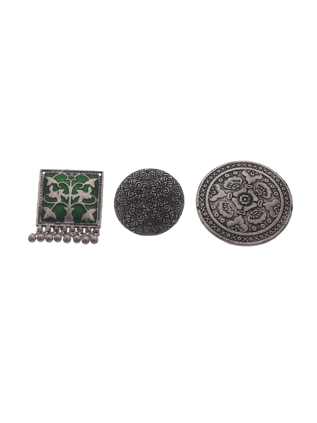 Women's Green Floral Oxidised Silver Ring Set of 3 - Priyaasi - Indiakreations