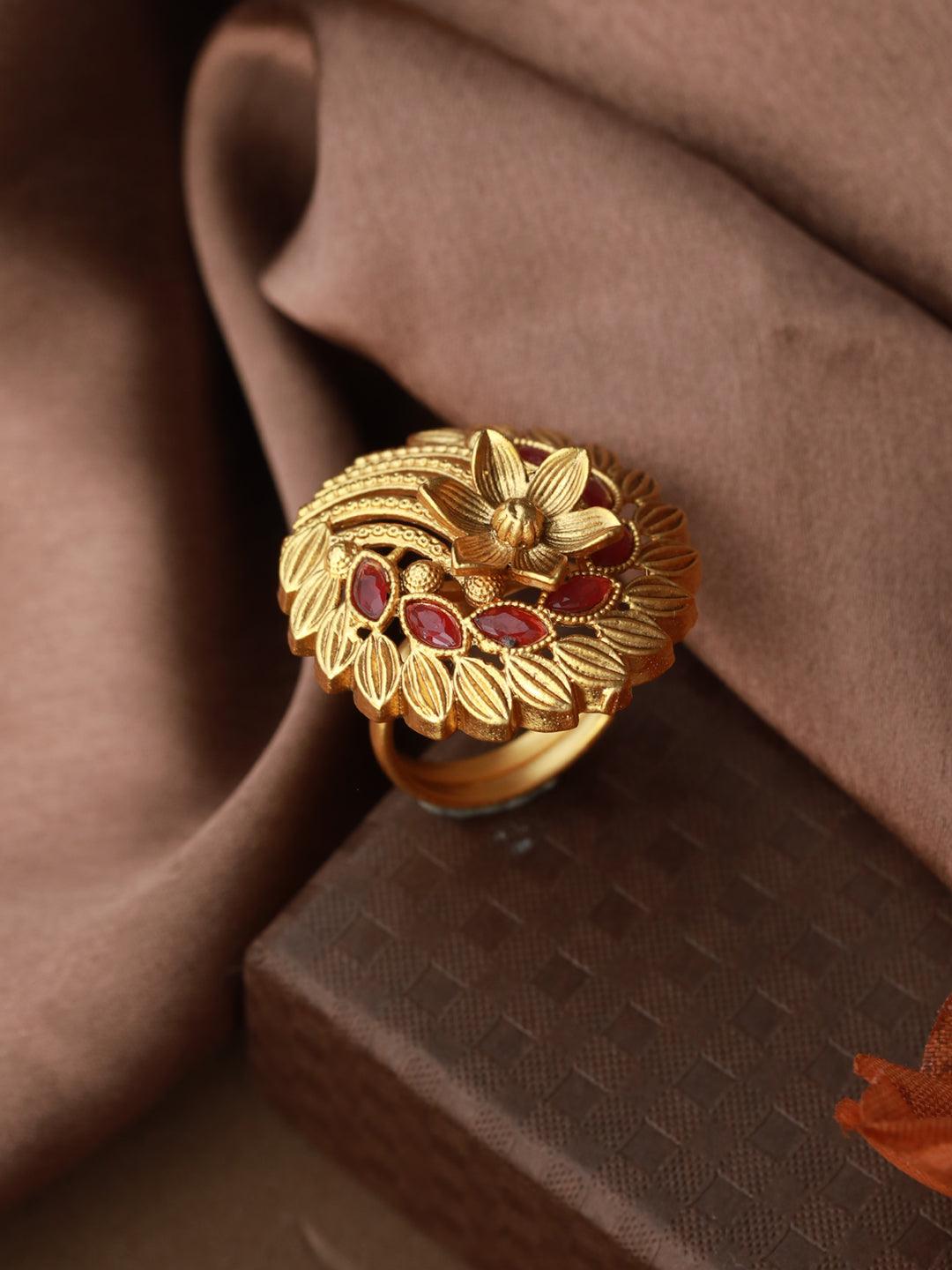 Women's Red Floral Gold Plated Ring - Priyaasi - Indiakreations